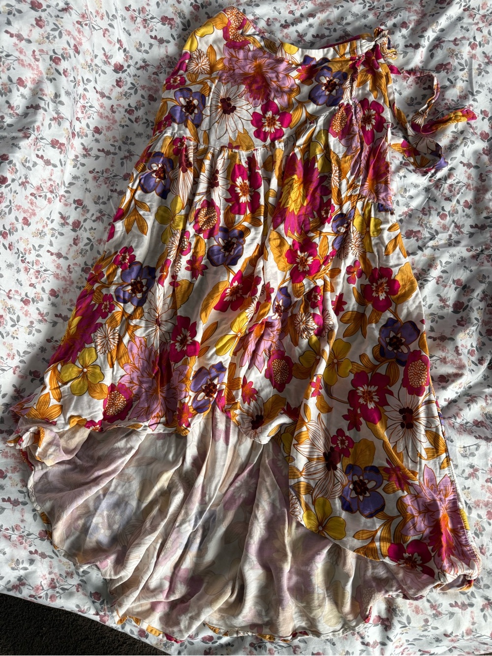 Cynthia Rowley Floral High-Low Skirt in Pink, Yellow & Purple on Cream